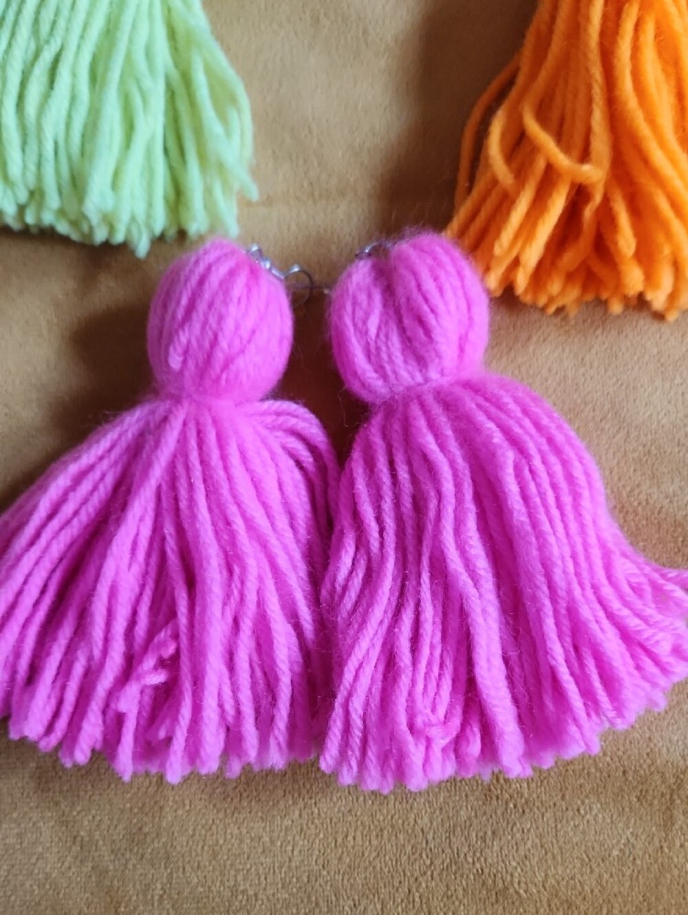 Colorful Yarn Tassel Earrings - Pink, Blue, Orange, Lime - Picture 5 of 5